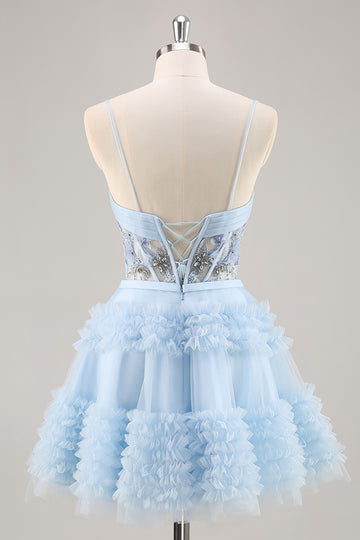 Blue Beaded A Line Corset Homecoming Dress